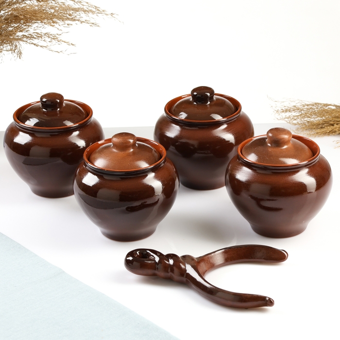 Набор горшков  Набор горшков "Подарочный с ухватом" 4х0,7л / 27х21х13см, былина