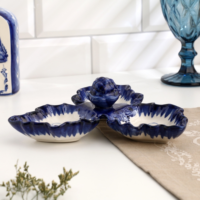 Менажница гжель «Листики», бело-синий,керамика, Менажница гжель «Листики», бело-синий,керамика,