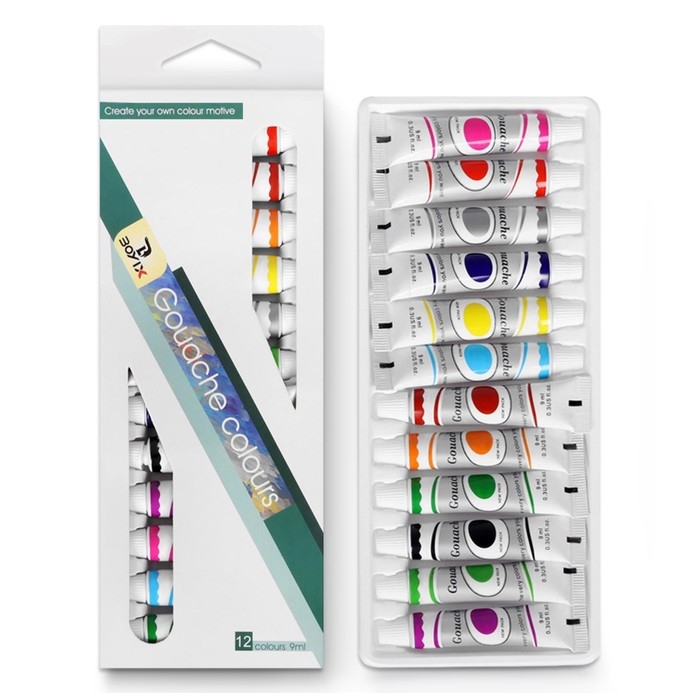 Краски гуашь, 12 цветов, в пластиковой тубе, 9 мл, в картонной коробке Краски гуашь, 12 цветов, в пластиковой тубе, 9 мл, в картонной коробке