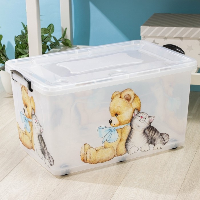 Контейнер для хранения на колёсиках «Мишка и котёнок», 50 л, 60×38×31 см, прозрачный Контейнер для хранения на колёсиках «Мишка и котёнок», 50 л, 60×38×31 см, прозрачный