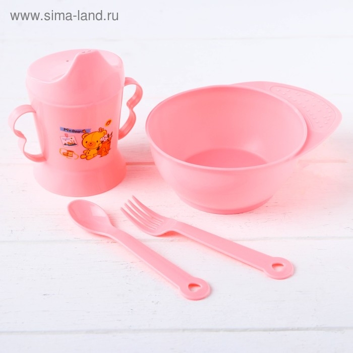 Набор детской посуды, 4 предмета: миска, ложка, вилка, поильник с твёрдым носиком 200 мл, цвета МИКС Набор детской посуды, 4 предмета: миска, ложка, вилка, поильник с твёрдым носиком 200 мл, цвета МИКС