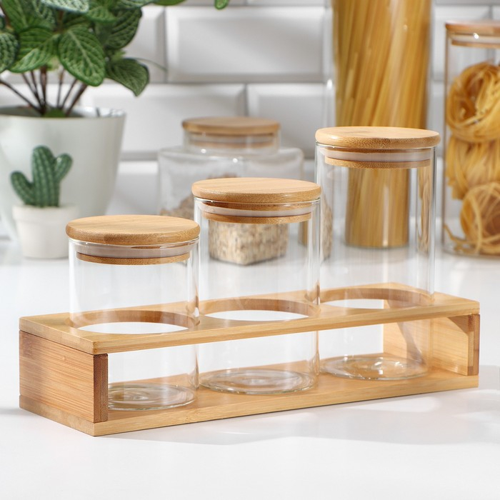 Банки стеклянные для хранения сыпучих продуктов «Эко», 3 предмета: 300/360/450 мл, 7×10/12,5/15,5 см, с бамбуковой крышкой Банки стеклянные для хранения сыпучих продуктов «Эко», 3 предмета: 300/360/450 мл, 7×10/12,5/15,5 см, с бамбуковой крышкой