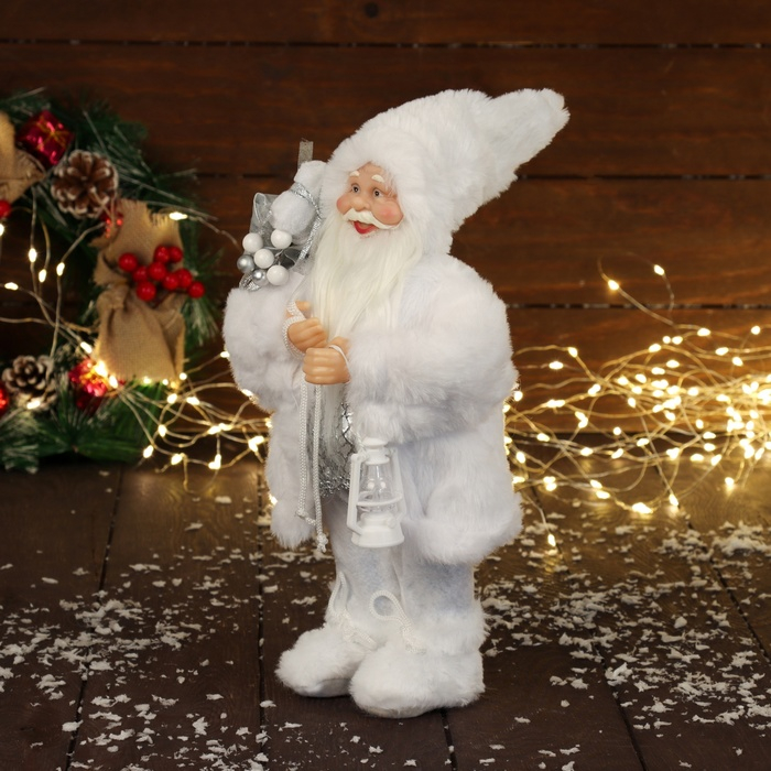Дед Мороз  Дед Мороз "В белой шубке, с фонариком и подарками" Микс 30 см