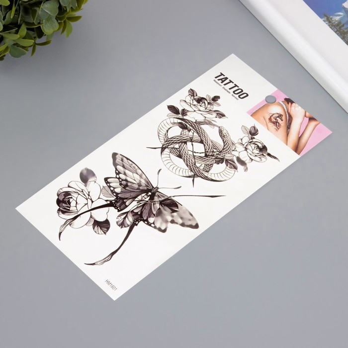 Татуировка на тело чёрная Татуировка на тело чёрная "Змея, бабочка, цветы" 10х20,5 см
