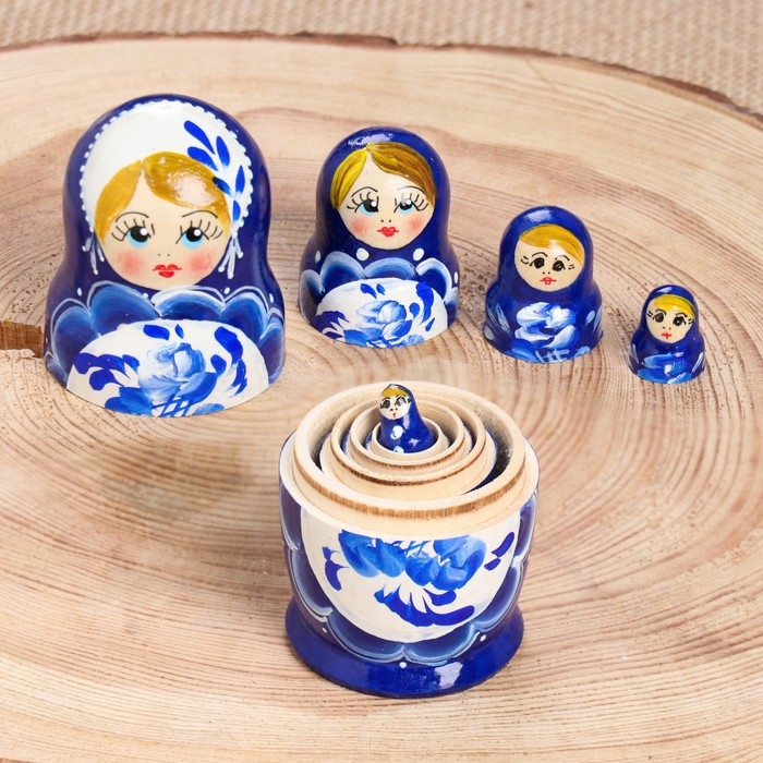 Матрёшка «Поднос гжель», синее платье, 5 кукольная, 10 см Матрёшка «Поднос гжель», синее платье, 5 кукольная, 10 см