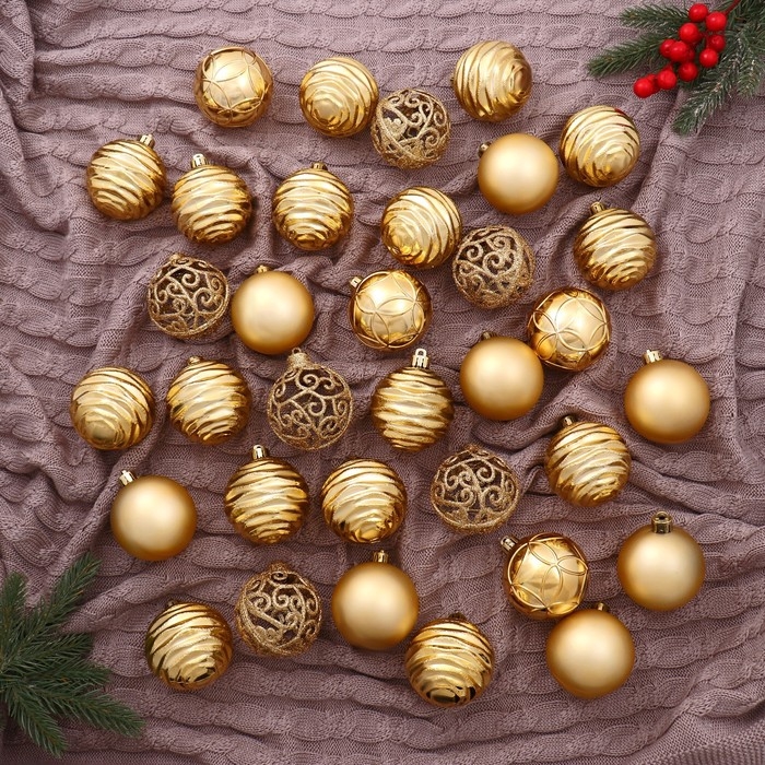 Набор шаров пластик d-6 см, 34 шт Набор шаров пластик d-6 см, 34 шт "Николь узоры" золото