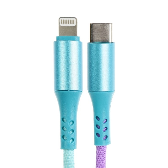 Кабель Type-C - Lightning, 3 А, 66 W, быстрая зарядка, оплётка ткань, 1 метр, разноцветный