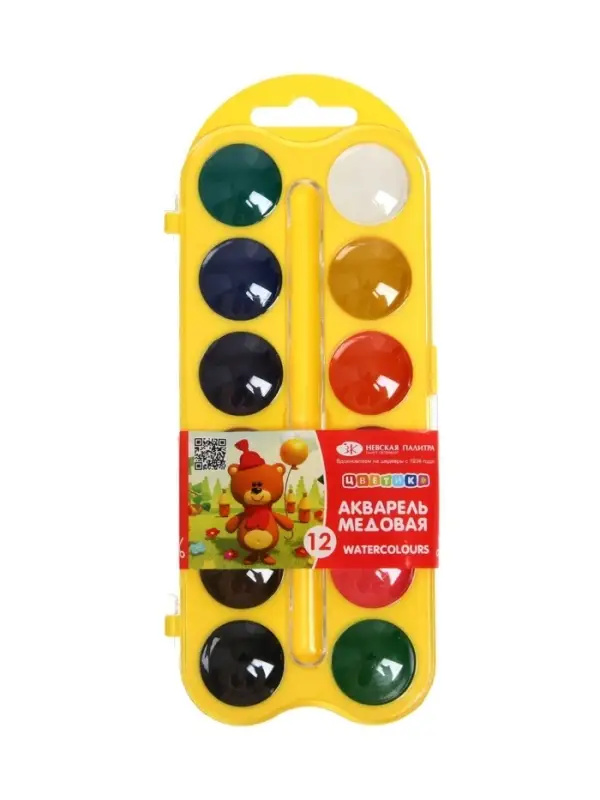 Акварель медовая &laquo;ЗХК. Цветик&raquo;, 12 цветов, в пластиковом пенале, без кисти