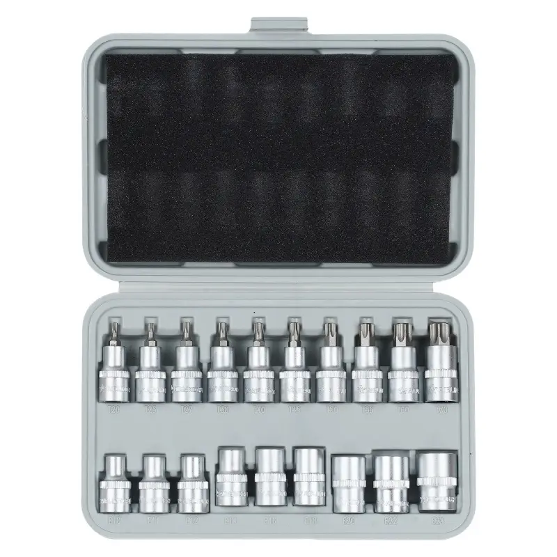 Набор головок 1/2"DR TORX 9пр. (E10-E24) и головок со вставками, L=55мм, 10пр. (T20-T70), кейс