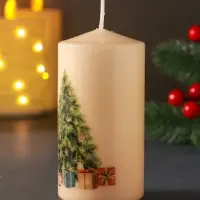 Свеча столб 50х100мм с декором, мишка, бежевая Свеча столб 50х100мм с декором, мишка, бежевая