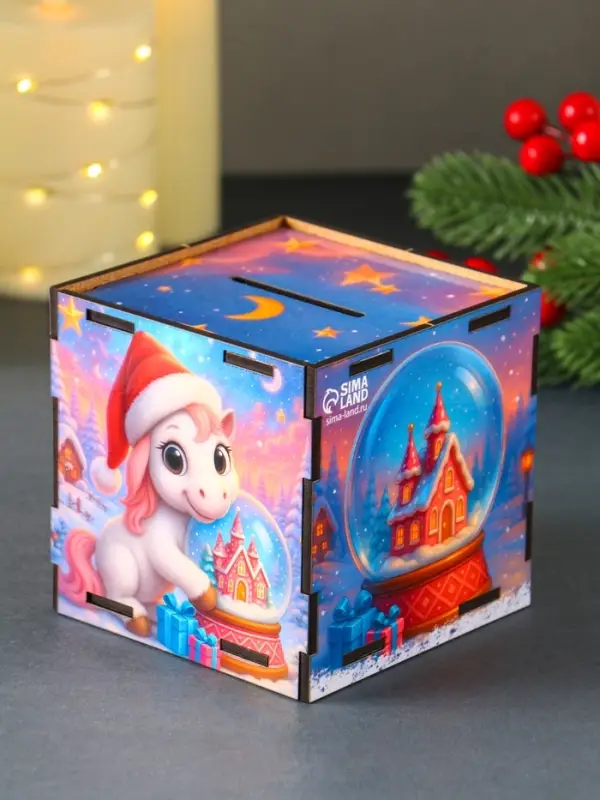 Новогодняя копилка куб "Лошадка. Все сбудется" 10х10х10 см (набор 7 деталей)