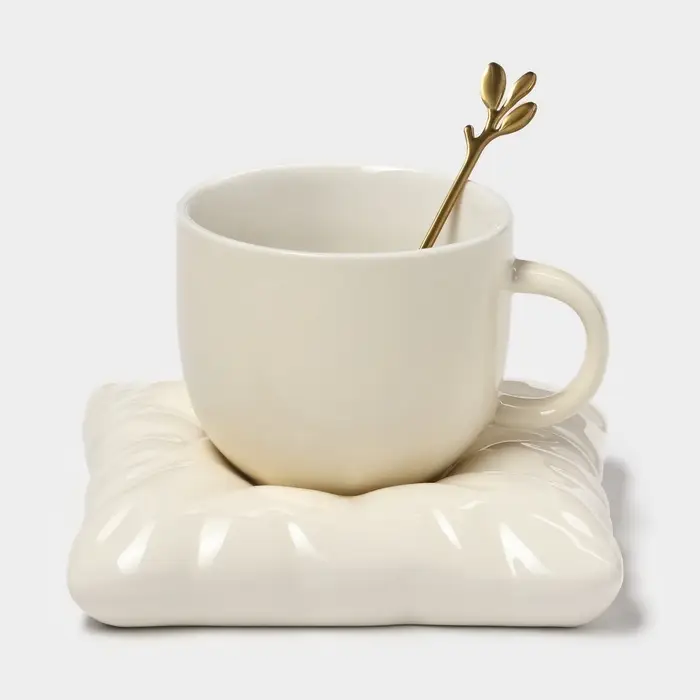 Чайная пара &laquo;Зефирка&raquo;, 3 предмета: чашка 250 мл, блюдце d=13.7 см, ложка, керамика, бежевая