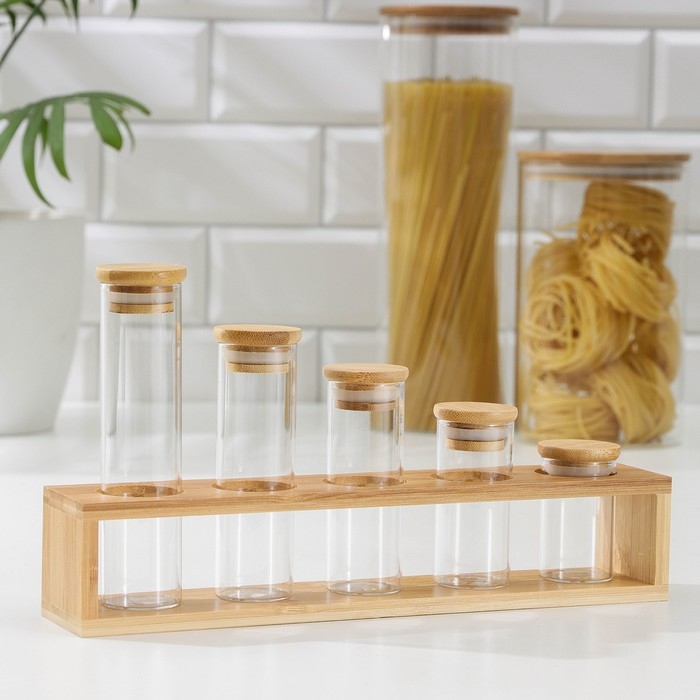 Набор банок стеклянных для сыпучих продуктов «Эко», 3,7×6,5 см, 8,5 см, 10 см, 12,5 см, 15,5 см, 5 шт Набор банок стеклянных для сыпучих продуктов «Эко», 3,7×6,5 см, 8,5 см, 10 см, 12,5 см, 15,5 см, 5 шт