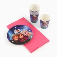 Посуда одноразовая бумажная на 10 персон: стаканы, тарелки, скатерть, Снежная принцесса