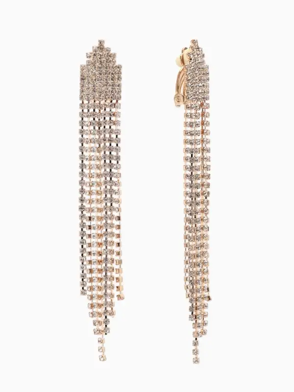 Серьги клипсы для ушей висячие со стразами QF &laquo;Вечеринка&raquo;, белые в золоте