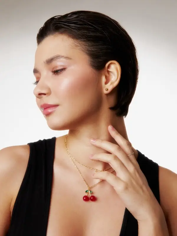 Набор 2 предмета: пуссеты, кулон &laquo;Вишенка со стразинкой&raquo;, 50+40 см, d=4, красный в золоте