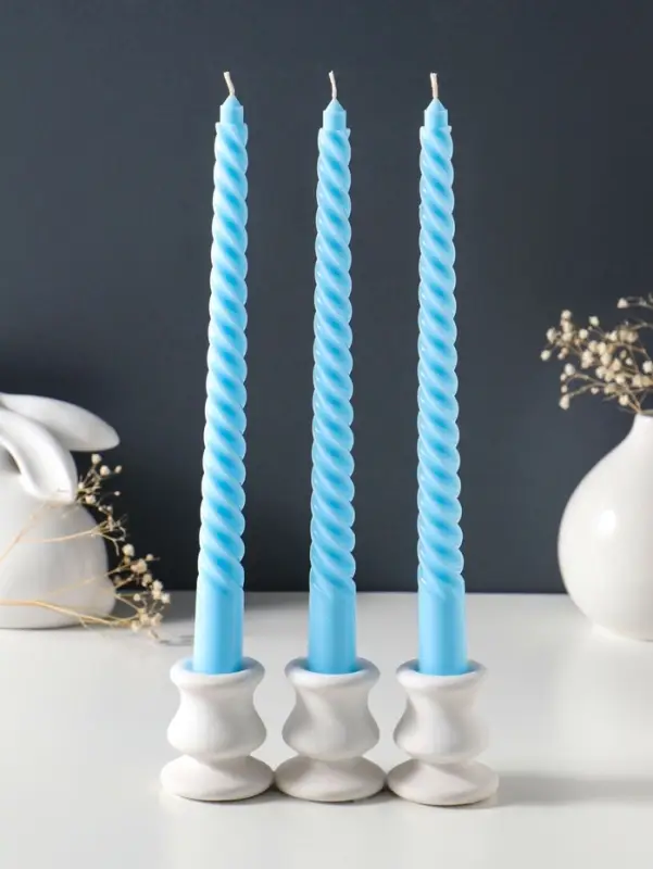Набор свечей витых 25 см, 3 шт., 57 г, 5 ч, пастельно-голубой