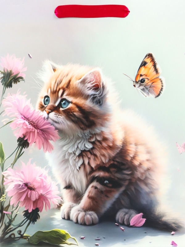 Пакет подарочный ламинированный вертикальный «Котик и цветок», M 26 × 32 × 12 см