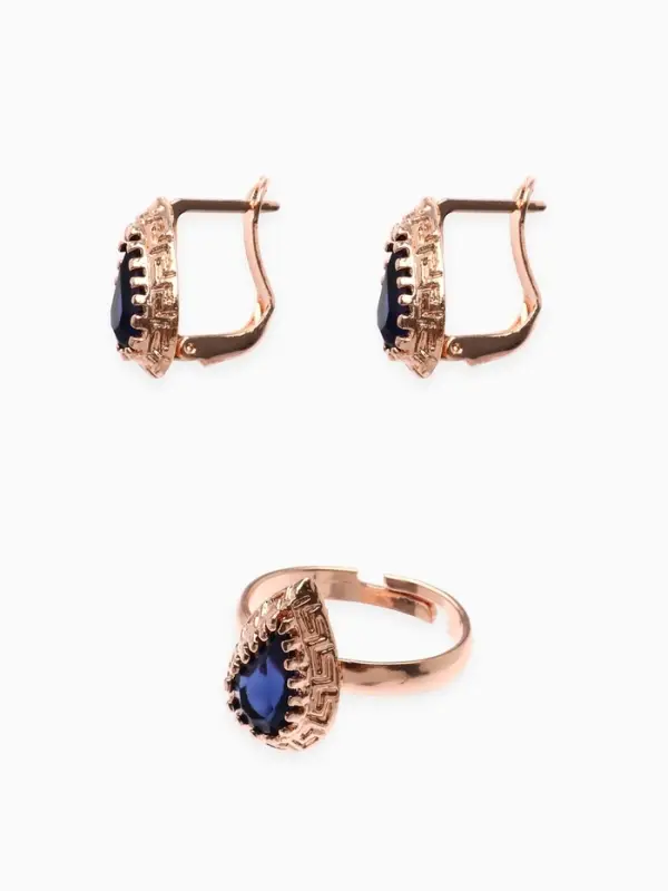 Гарнитур 3 предмета: серьги, кулон, кольцо безразмерное &laquo;Эдель&raquo;, капля, тёмно-синие в золоте, 45 см