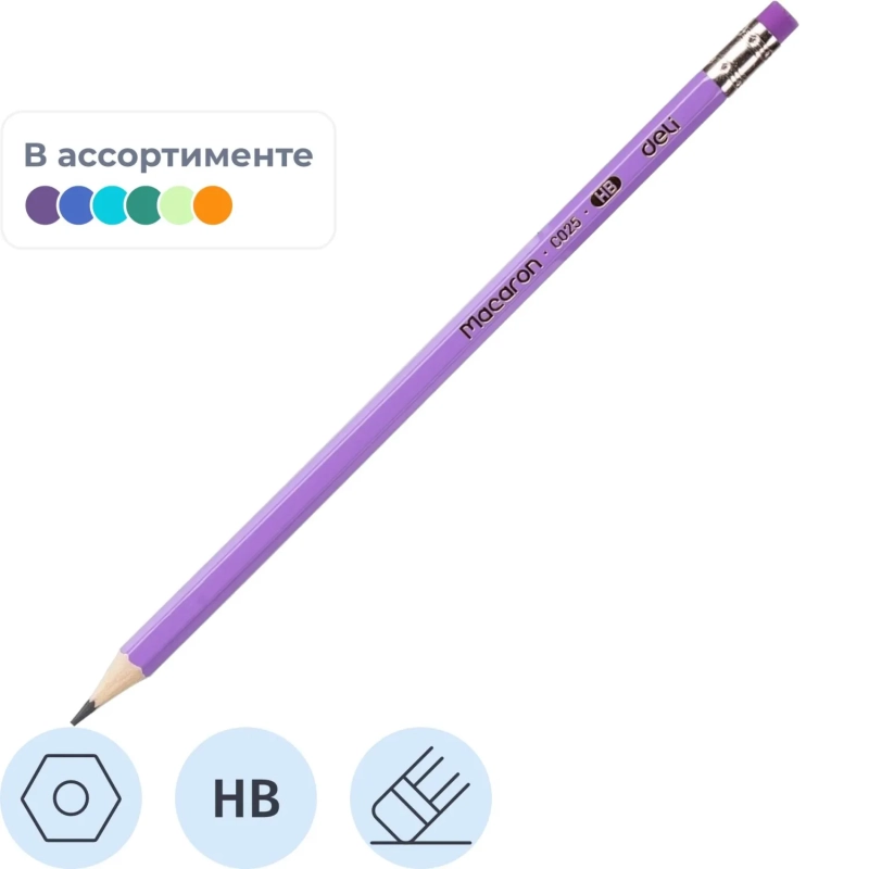 Карандаш чернографитный Deli Macaron HB деревянный с ластиком в ассортимент