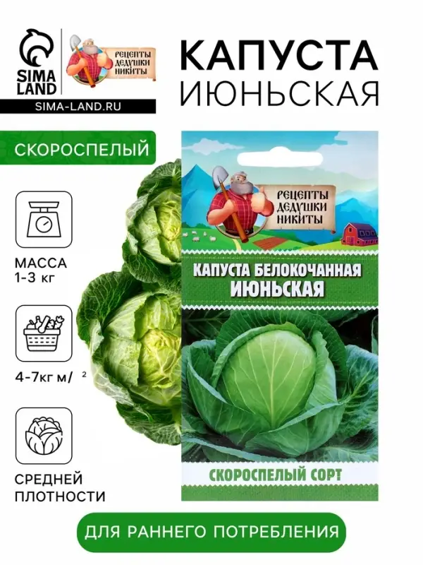 Семена Капуста белокочанная &laquo;Июньская&raquo;, 0.5 г, скороспелая, &laquo;Рецепты дедушки Никиты&raquo;