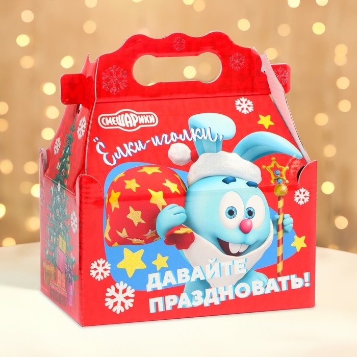Новый год. Подарочная коробка Новогодняя Ларец простой "Смешарики" лицензия 20 х 12 х 17 см (+5,5 см).