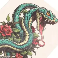 Татуировка на тело &laquo;Зелёная змея с розами и кинжалом&raquo;, 12.5&times;20.7 см, цветная
