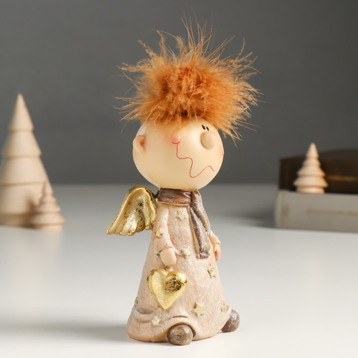 Сувенир полистоун  Сувенир полистоун "Ангелочек Афоня в наряде со звёздами, с сердцем" беж, блёстки 6х9х14,5 см   94988