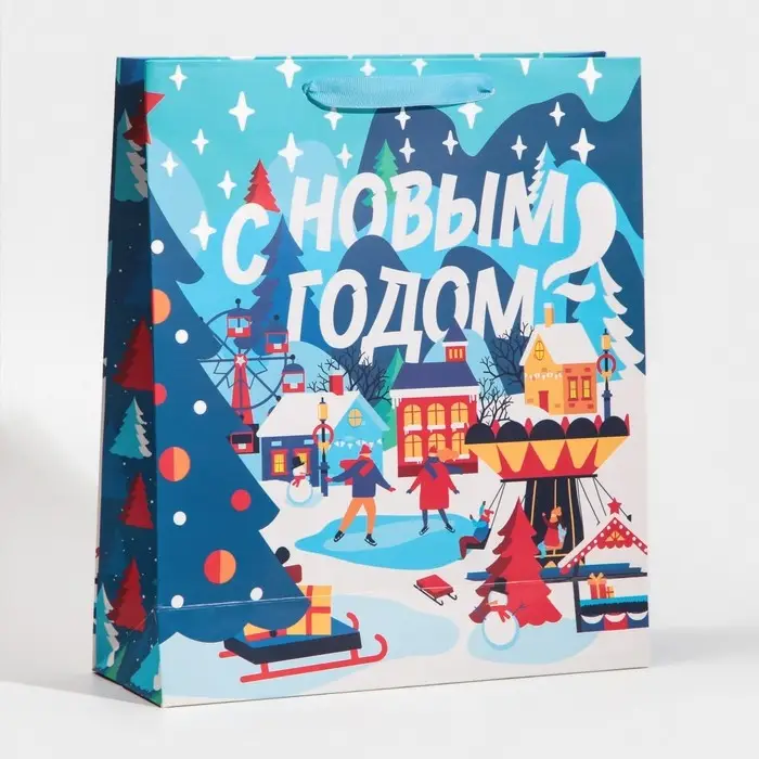 Пакет подарочный новогодний ламинированный «Зима в городе», M 26 х 30 х 9 см