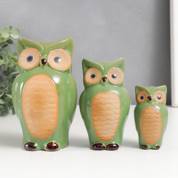 Сувенир керамика Сувенир керамика "Три филина" зелёный набор 3 шт 8,5х4,5х3,8 12х6,5х5 15х8,5х7 см