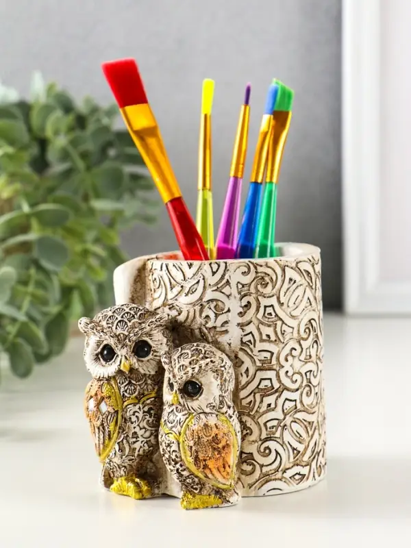 Фигурка-карандашница полистоун &laquo;Филины с орнаментом&raquo;, 6.5&times;8.5&times;9 см