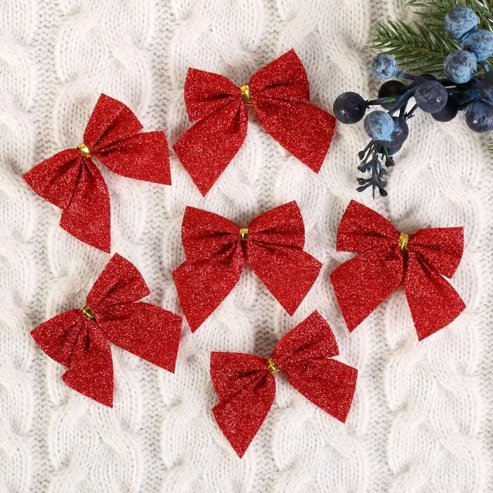 Ёлочные игрушки 12 шт. &laquo;Зимнее волшебство. Бантик - блеск&raquo; пластик, 4.5&times;5.5 см, красный
