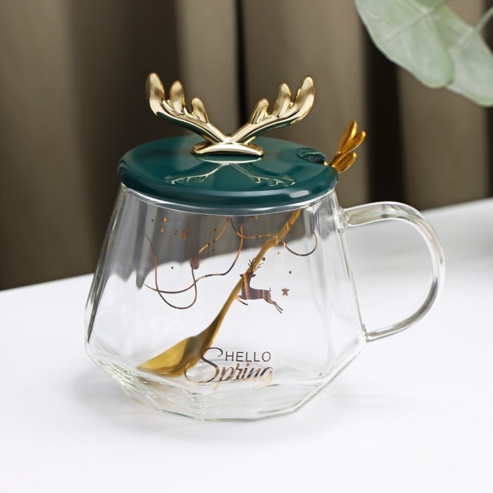Кружка стеклянная с керамической крышкой и ложкой «Бэмби», 350 мл, рисунок МИКС Кружка стеклянная с керамической крышкой и ложкой «Бэмби», 350 мл, рисунок МИКС