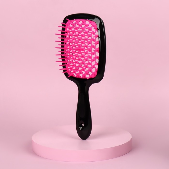 Расчёска массажная, широкая, вентилируемая, 8,5 × 20,5 см, PVC коробка, цвет чёрный/розовый