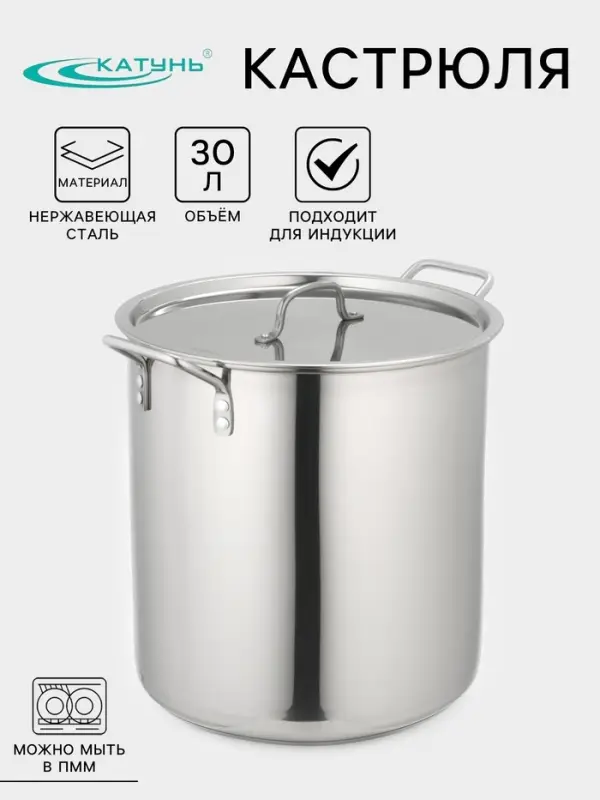Котёл Катунь &laquo;Общепит&raquo;, 30 л, d=35 см, h=36.5 см, с крышкой, капсульное дно, индукция, нержавеющая сталь, хромированная