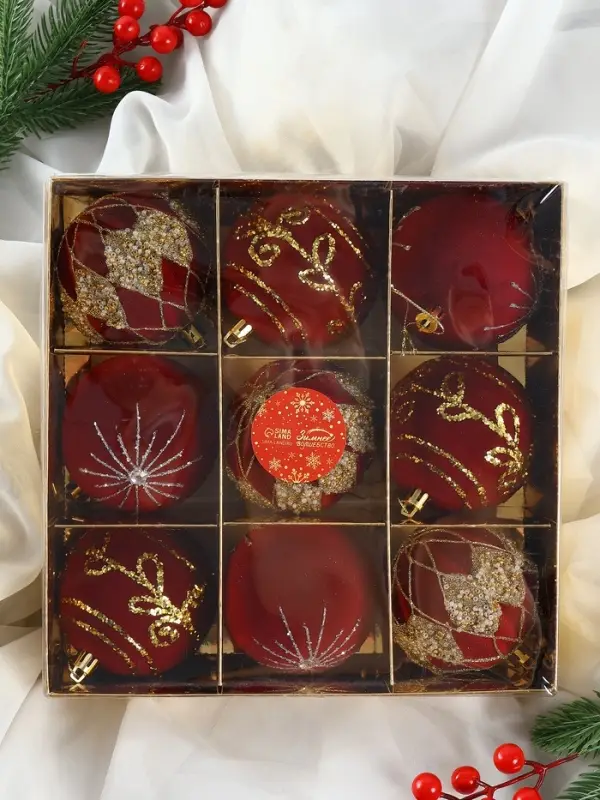 Набор шаров пластик d-8 см, 9 шт Набор шаров пластик d-8 см, 9 шт "Бархат. Фестиваль" феерия, красный