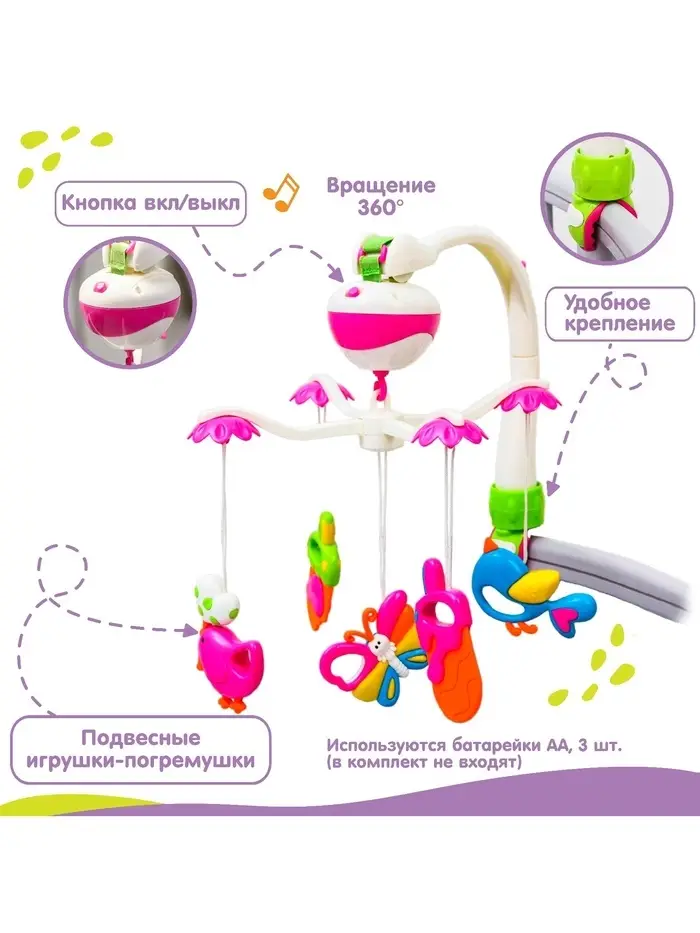 Мобиль музыкальный на кроватку Крошка Я &laquo;Полянка&raquo;, на батарейках