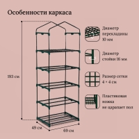 Парник-стеллаж, 5 полок, 193 × 69 × 49 см, металлический каркас d = 16 мм, чехол плёнка 80 мкм, Greengo