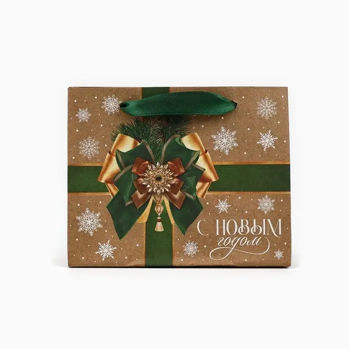 Пакет подарочный новогодний крафтовый «Новогодний бант», S 15 х 12 х 5.5 см Пакет подарочный новогодний крафтовый «Новогодний бант», S 15 х 12 х 5.5 см