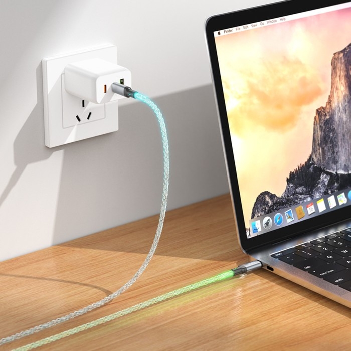 Кабель Hoco U112, Type-C - Type-C, 3 A, 1 м, светящийся, cерый Кабель Hoco U112, Type-C - Type-C, 3 A, 1 м, светящийся, cерый