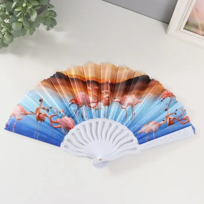 Веер пластик, текстиль "Фламинго" МИКС 23 см