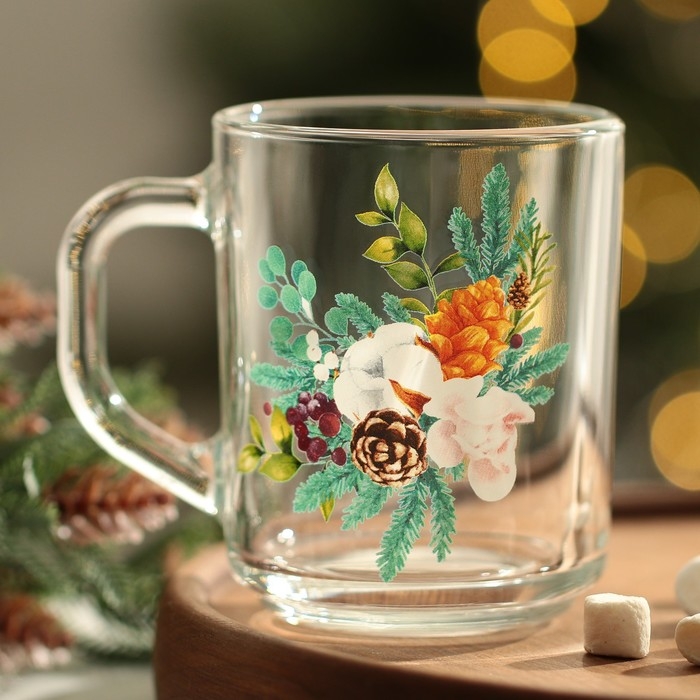 Кружка стеклянная новогодняя Дорого внимание «Новогодний букет», 200 мл