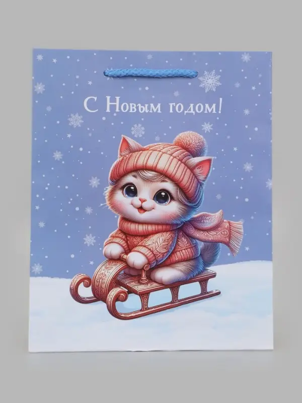 Пакет подарочный &laquo;С Новым годом! Котик на санках&raquo; 18&times;10&times;22.3 см