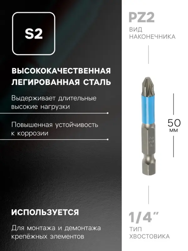 Биты ТУНДРА, намагниченные, сталь S2, PZ2&times;50 мм, 2 шт.