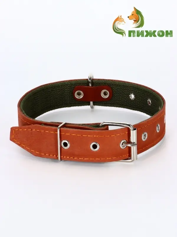 Ошейник комбинированный, безразмерный, 65&times;3.5 см, ОШ 31-61 см, кожа, брезент, коричневый
