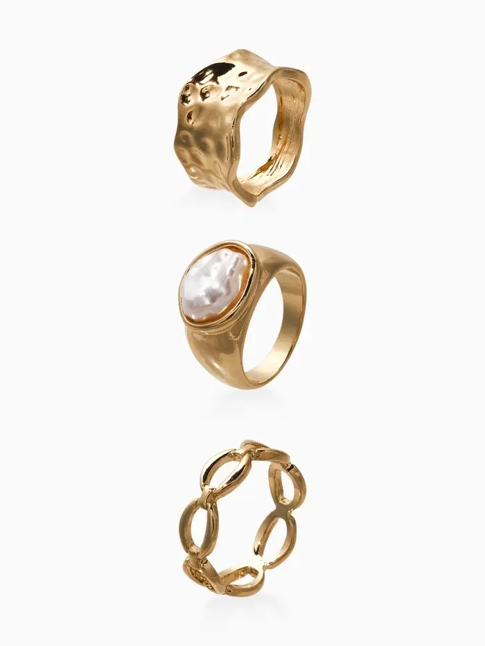 Набор колец 3 шт "Новый стиль" жемчуг,цепь, размер МИКС, цвет белый в золоте