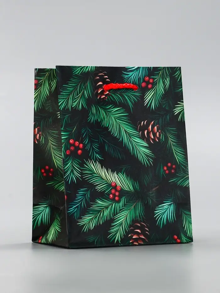Пакет подарочный новогодний ламинированный, «Шишки» , 11.5×6.5×14.5 см