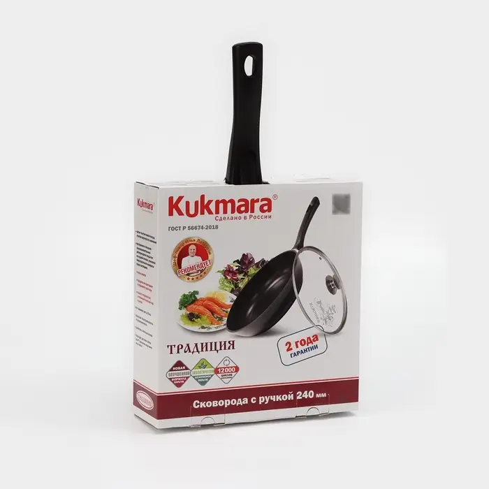 Сковорода KUKMARA &laquo;Традиция&raquo;, d=24 см, h=6 см, стеклянная крышка, съёмная ручка, антипригарное покрытие, литой алюминий, чёрная