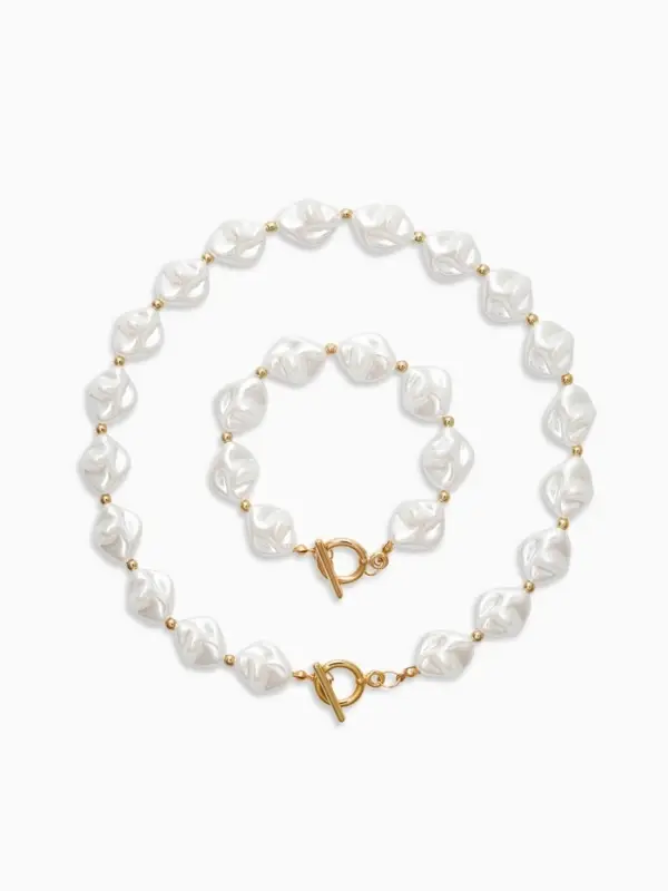 Набор 2 пред-та: бусы,браслет Набор 2 пред-та: бусы,браслет "Жемчуг барочный", ромб, 40/18см, цвет белый в золоте