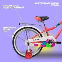 Велосипед детский Novatrack CANDY, диаметр колёс 20", со съёмными колёсами, с сумкой, коралловый